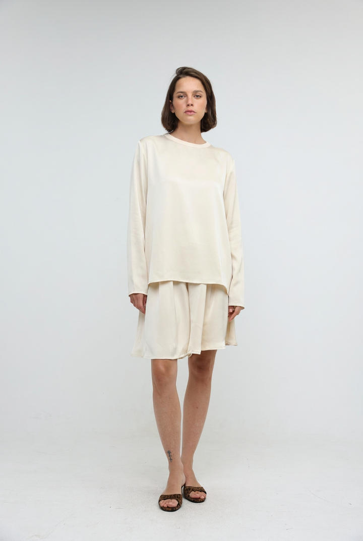 Draped Satin Cream Bow Back Shirt