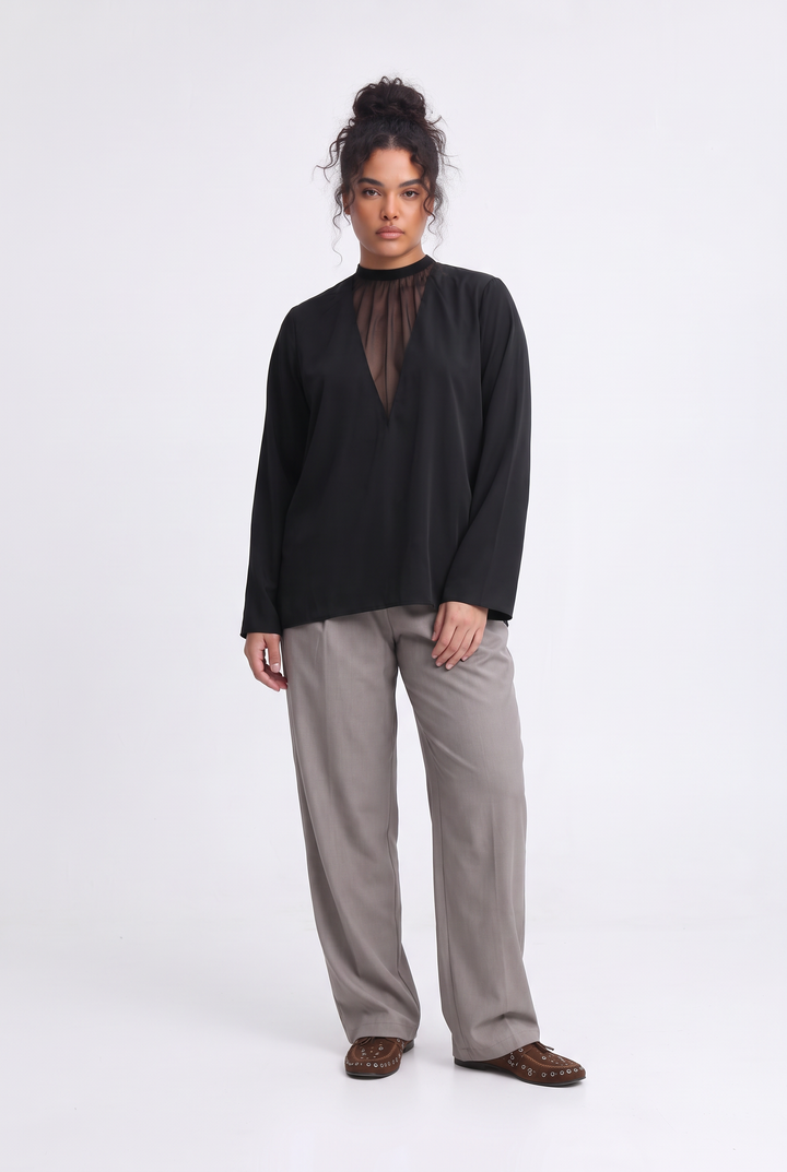 Draped Satin Black V Mesh Blouse