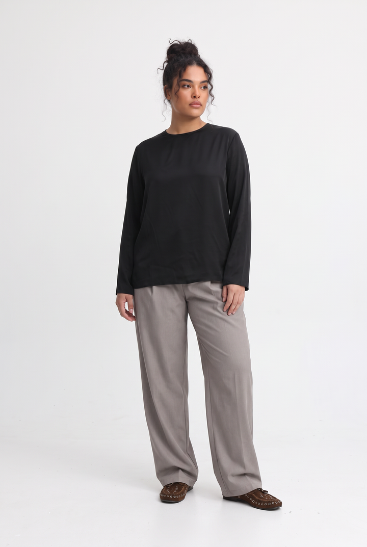 Draped Satin Black Open Back Blouse