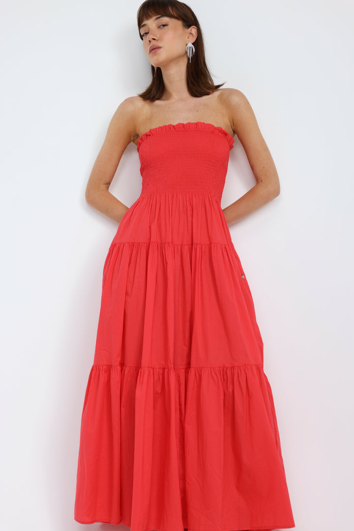 Centara Coral Red Strapless Dress