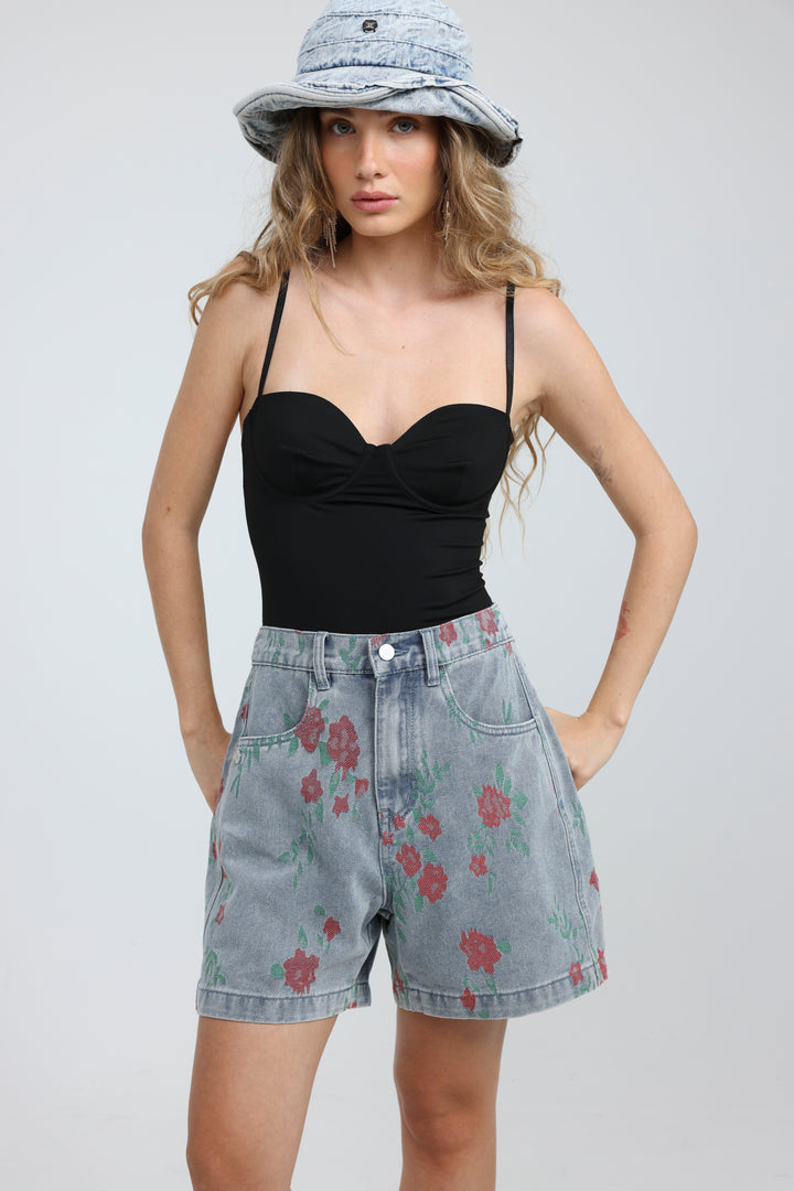 Guri Light Roses Denim Shorts