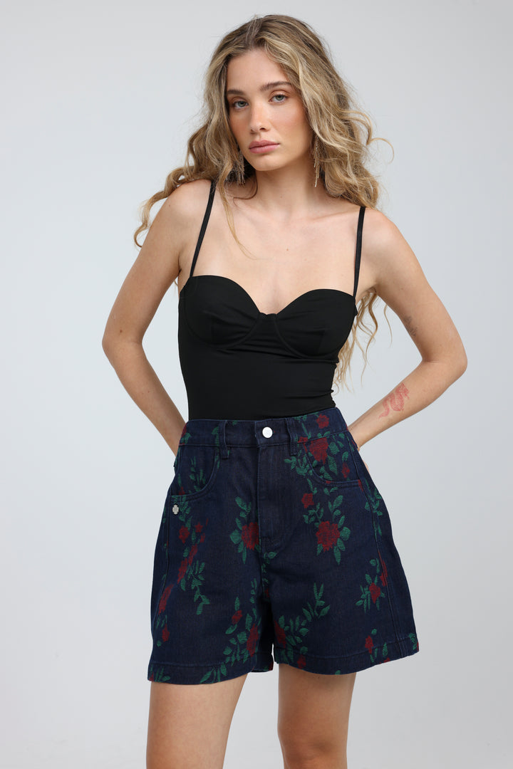 Guri Dark Roses Denim Shorts