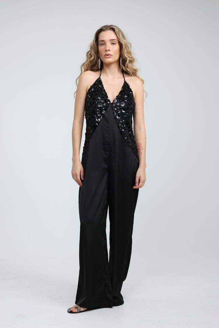 Sequin & Satin Black Jumpsuit