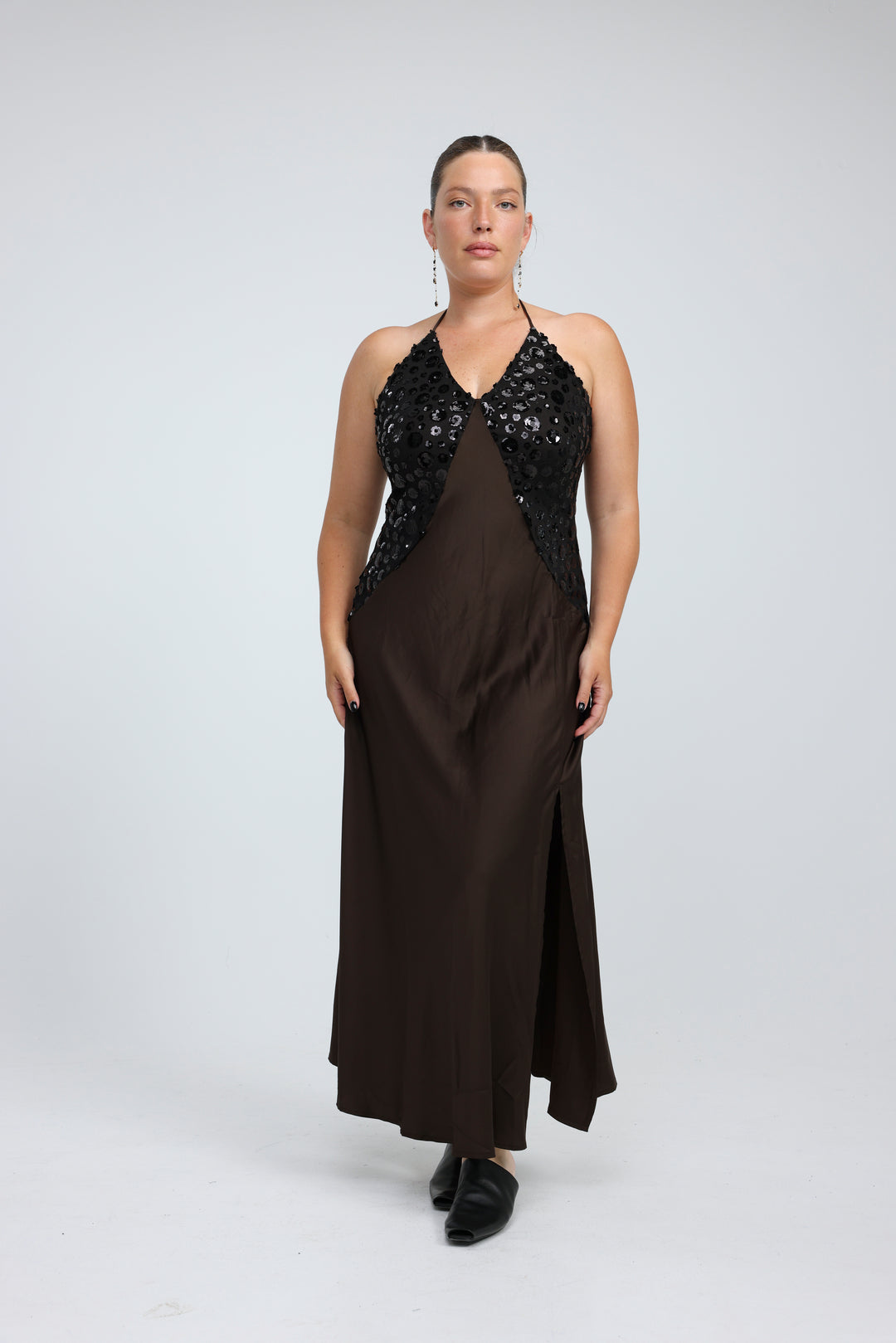 Sequin & Satin Brown Dress