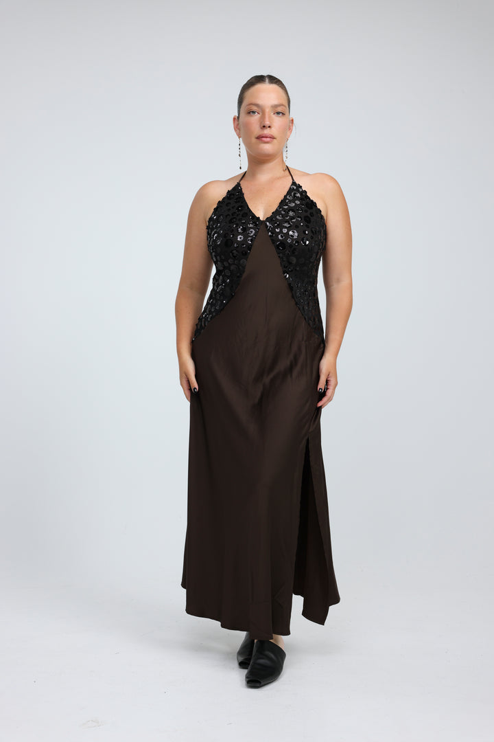 Sequin & Satin Brown Dress