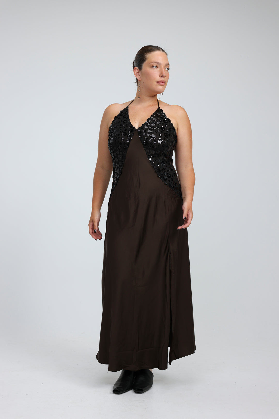 Sequin & Satin Brown Dress