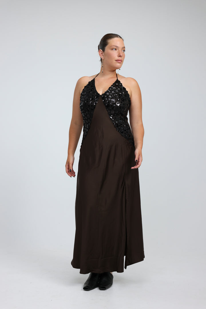 Sequin & Satin Brown Dress