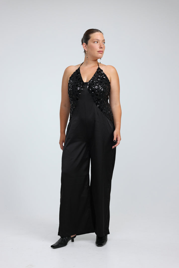 Sequin & Satin Black Jumpsuit