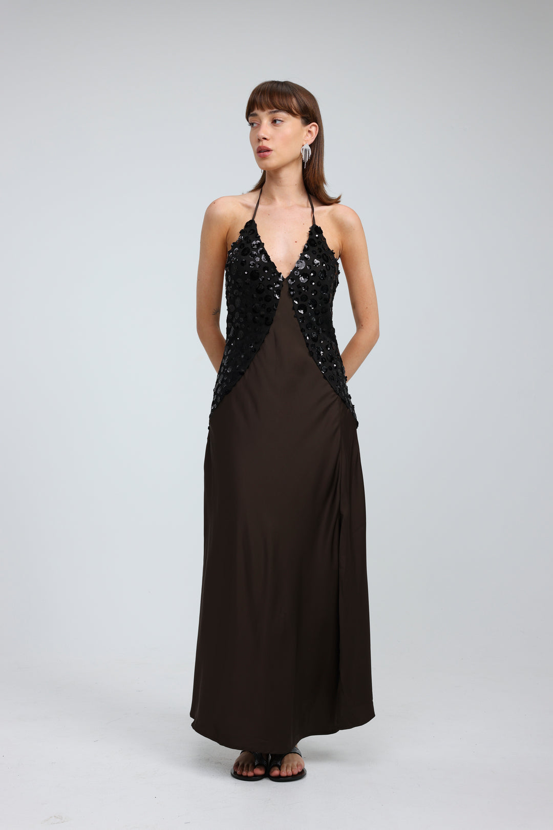 Sequin & Satin Brown Dress