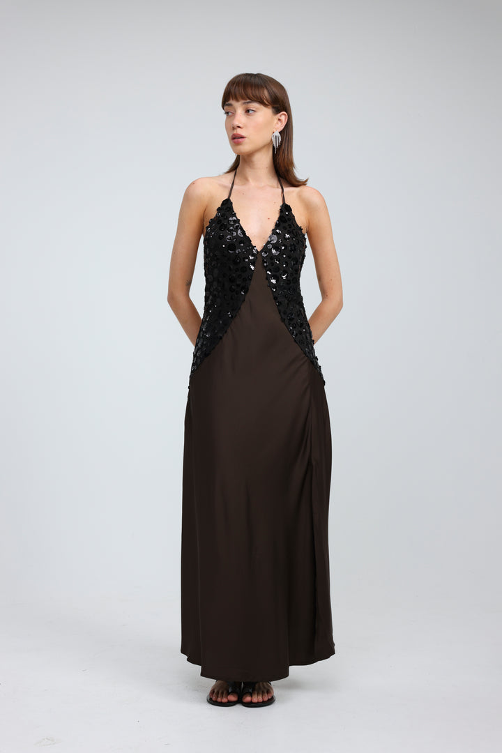 Sequin & Satin Brown Dress