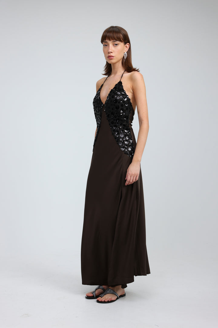 Sequin & Satin Brown Dress
