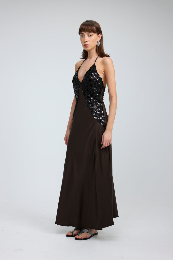 Sequin & Satin Brown Dress