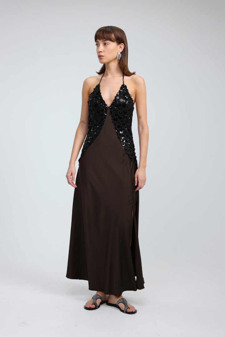 Sequin & Satin Brown Dress