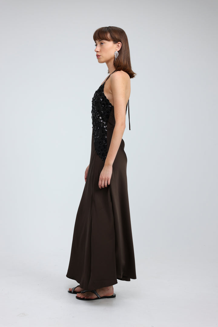 Sequin & Satin Brown Dress