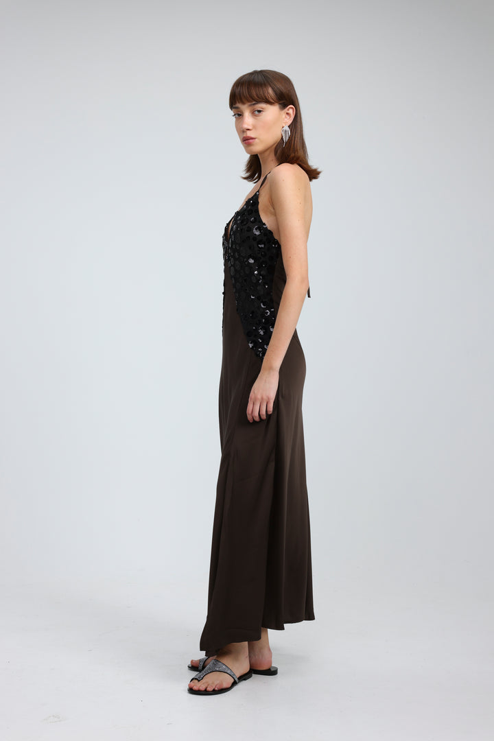 Sequin & Satin Brown Dress