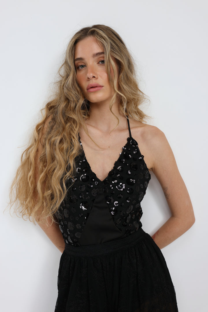 Sequin & Satin Black Bodysuit