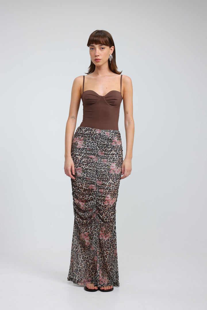 Leopard Gathered Mesh Skirt