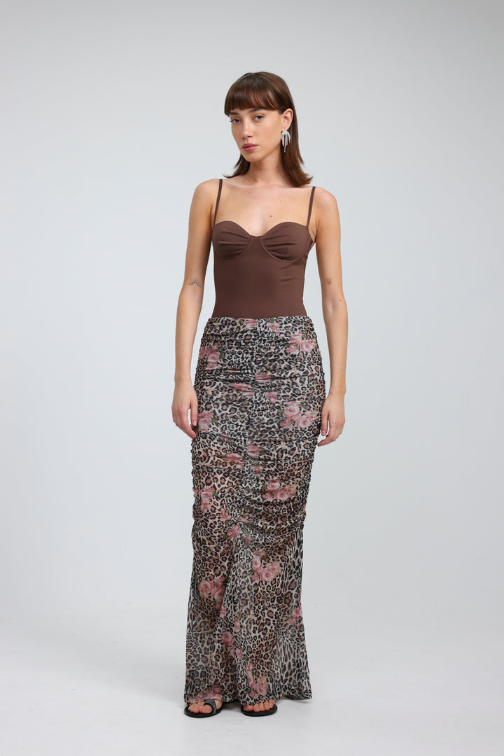 Leopard Gathered Mesh Skirt