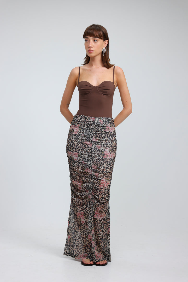 Leopard Gathered Mesh Skirt