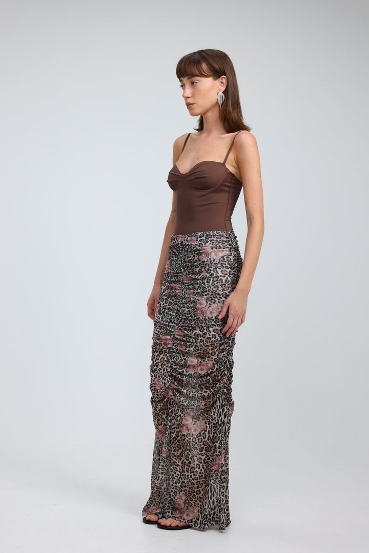 Leopard Gathered Mesh Skirt