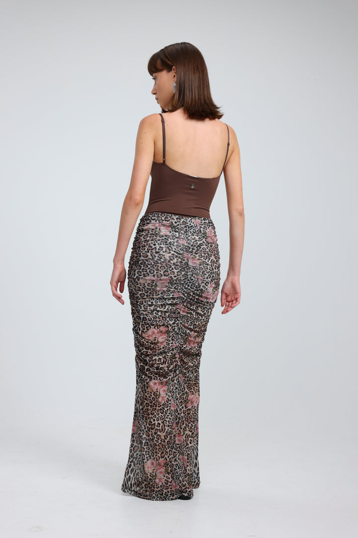 Leopard Gathered Mesh Skirt