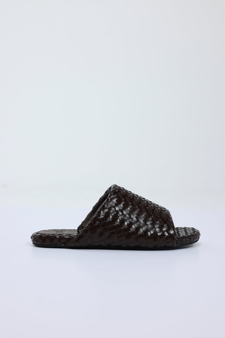 Woven Brown Leather Slides