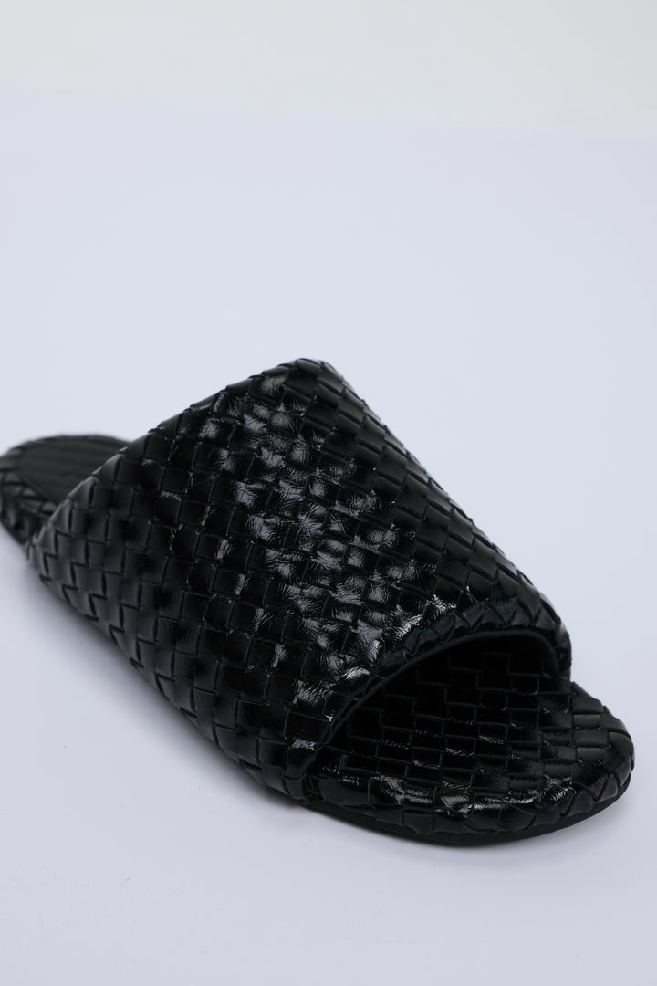Woven Black Leather Slides