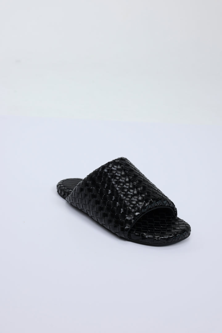 Woven Black Leather Slides