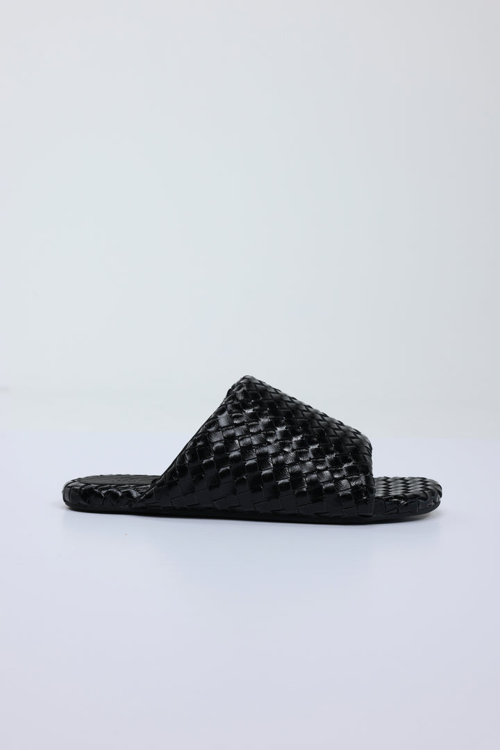 Woven Black Leather Slides