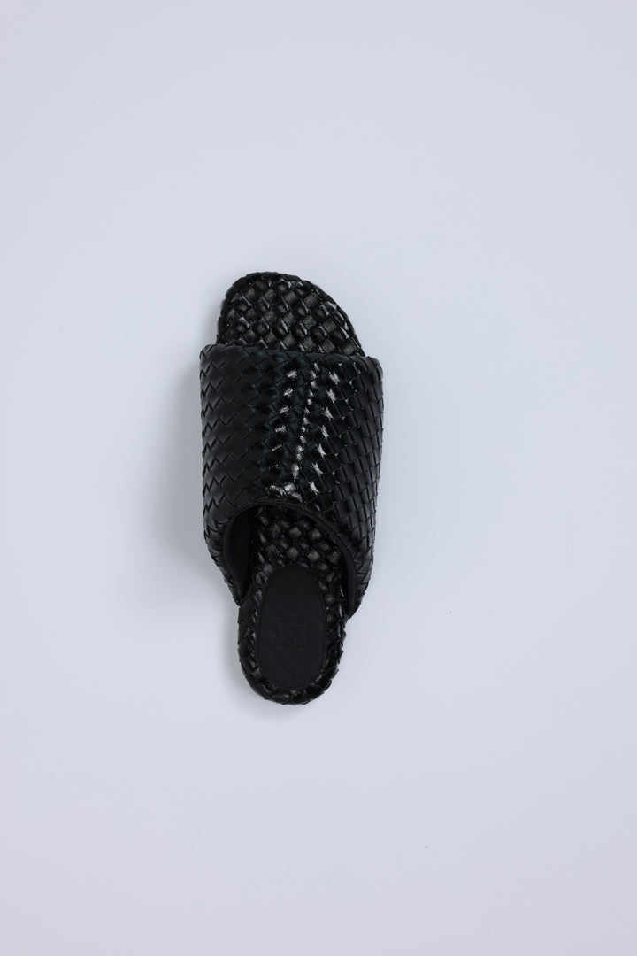 Woven Black Leather Slides