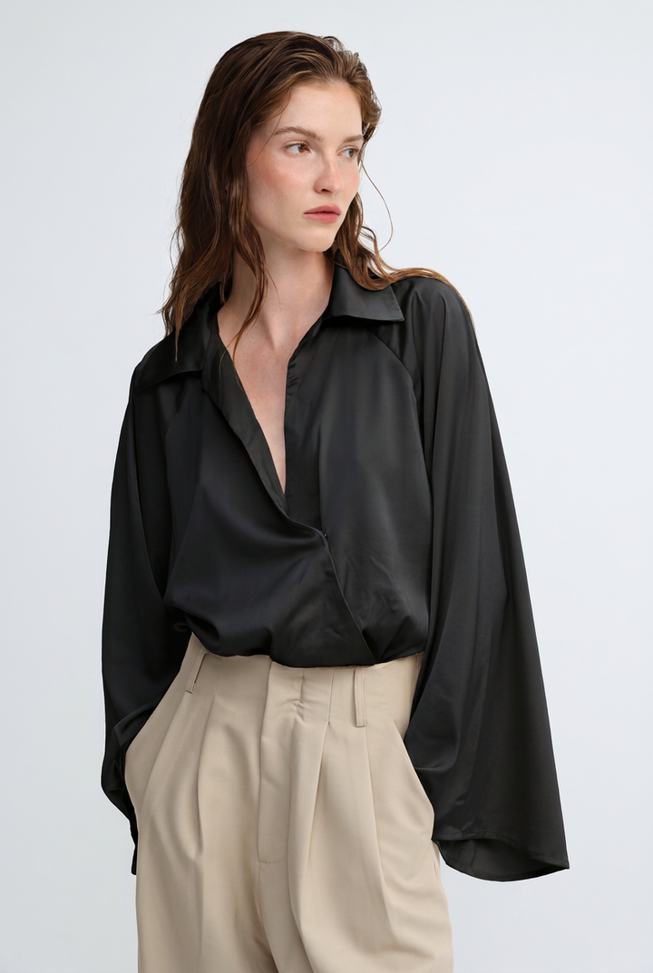 Draped Satin Black Wrap Bodysuit