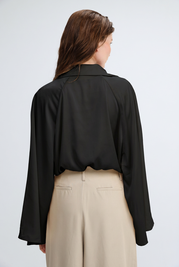 Draped Satin Black Wrap Bodysuit