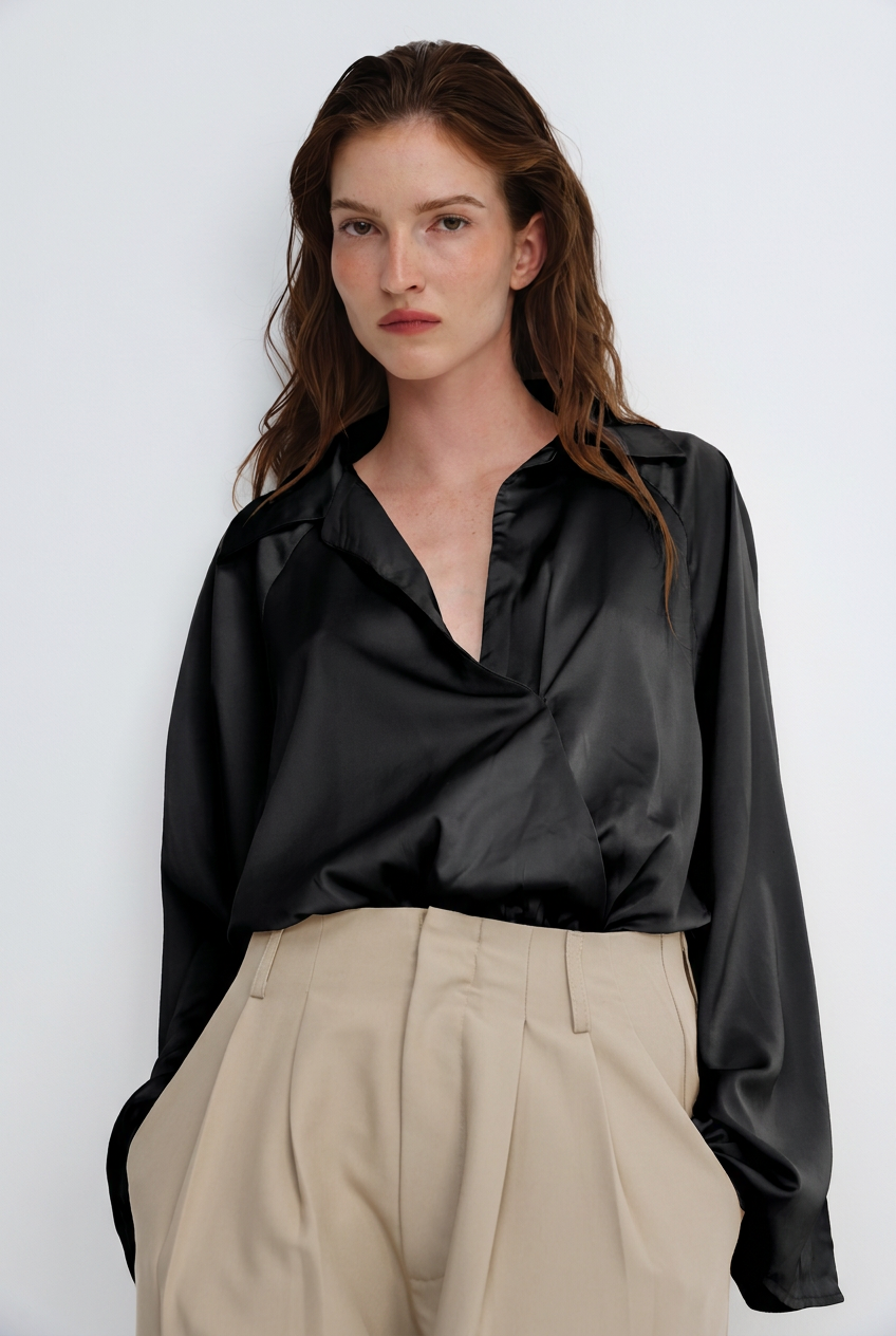 Draped Satin Black Wrap Bodysuit