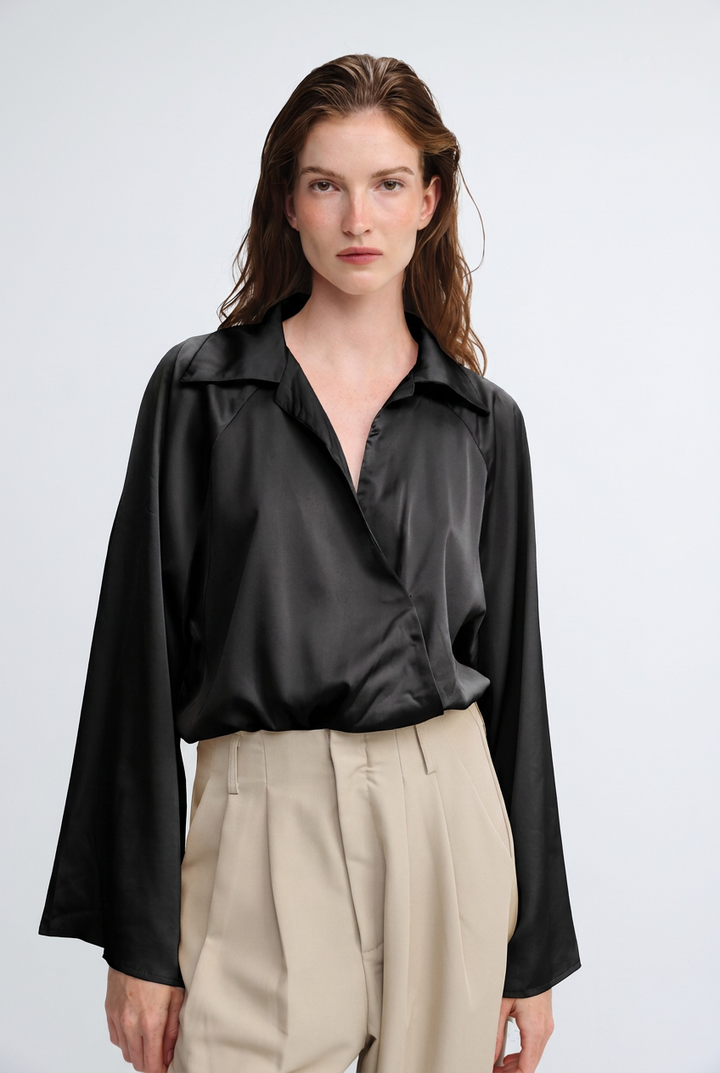 Draped Satin Black Wrap Bodysuit