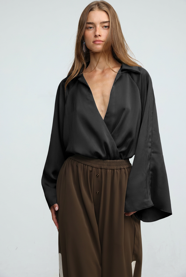 Draped Satin Black Wrap Bodysuit