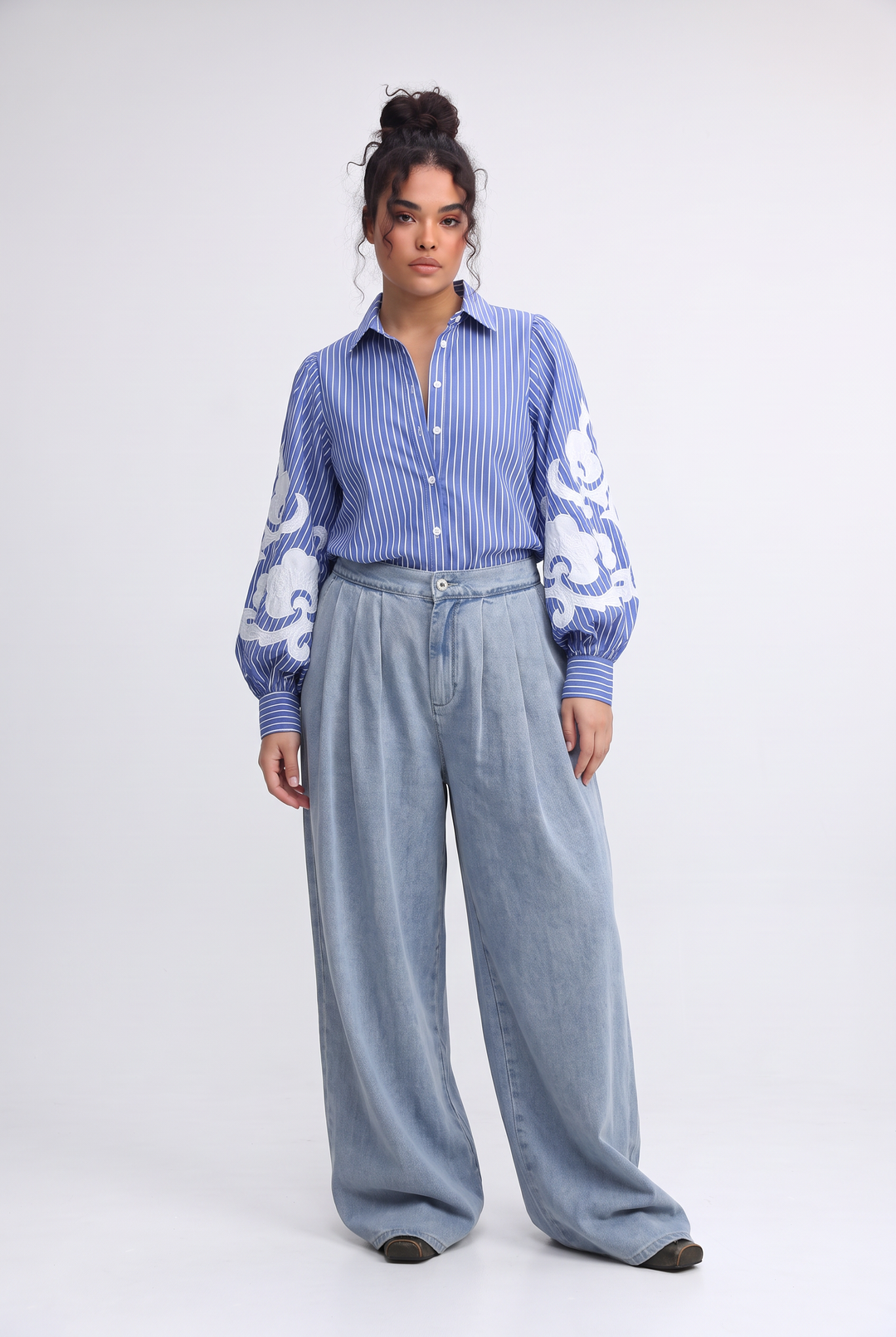 Embroidered Striped Blue Buttoned Shirt