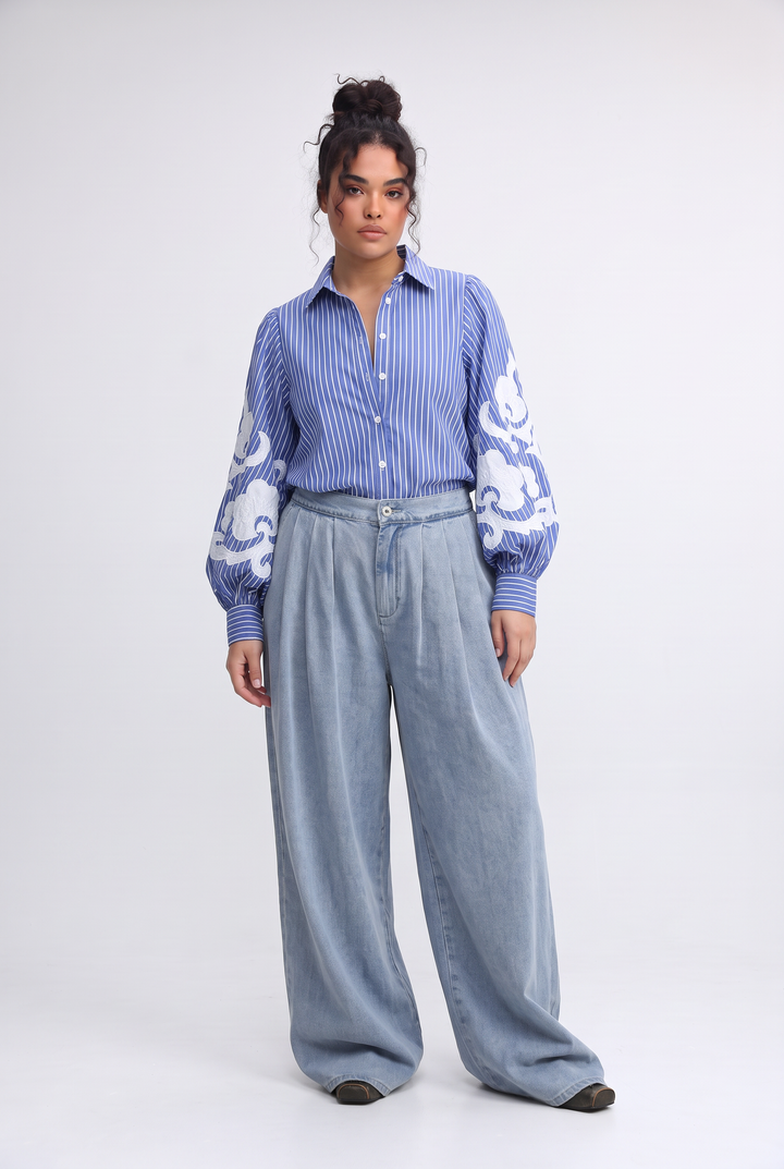 Embroidered Striped Blue Buttoned Shirt