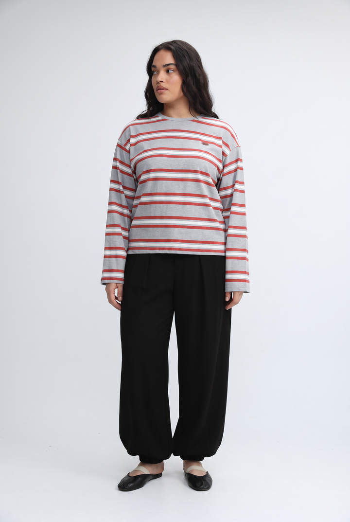 Federer wine striped shirt with long sleeves featuring horizontal stripes in muted gray and coral red, front view