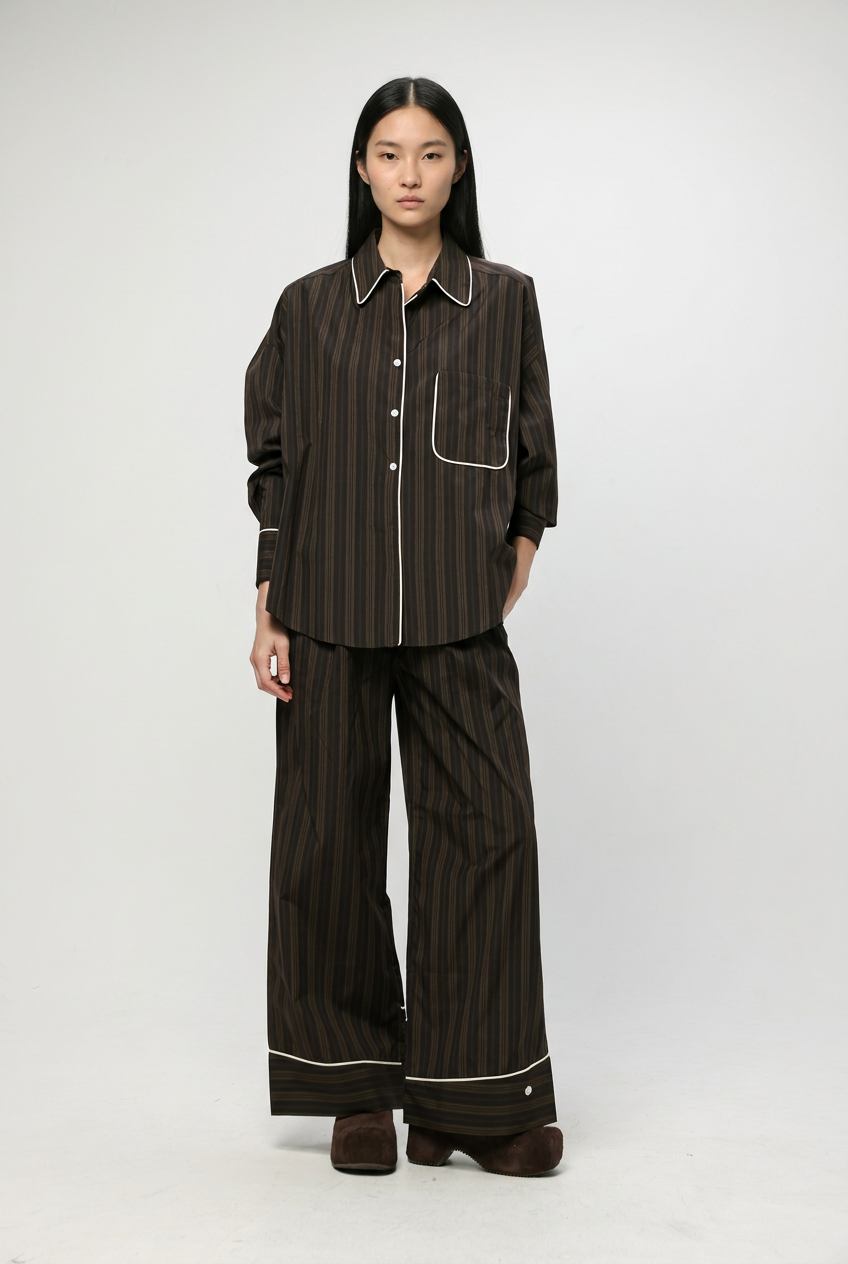 Piped Brown Striped Shirt