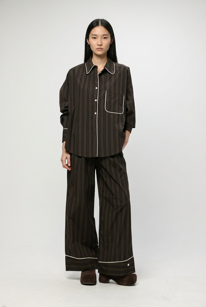Piped Brown Striped Shirt