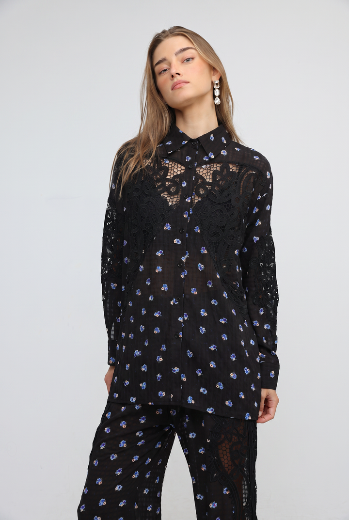 Black Floral Lace Panel Shirt