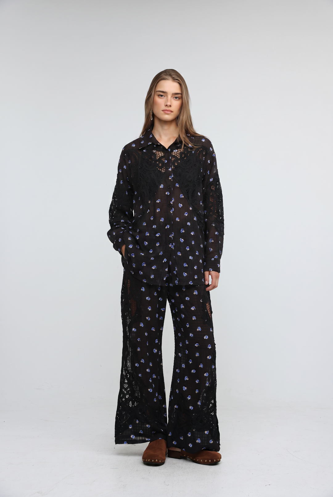 Black Floral Lace Panel Shirt