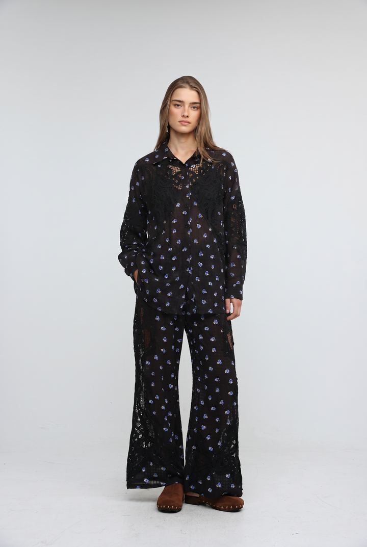 Black Floral Lace Panel Shirt