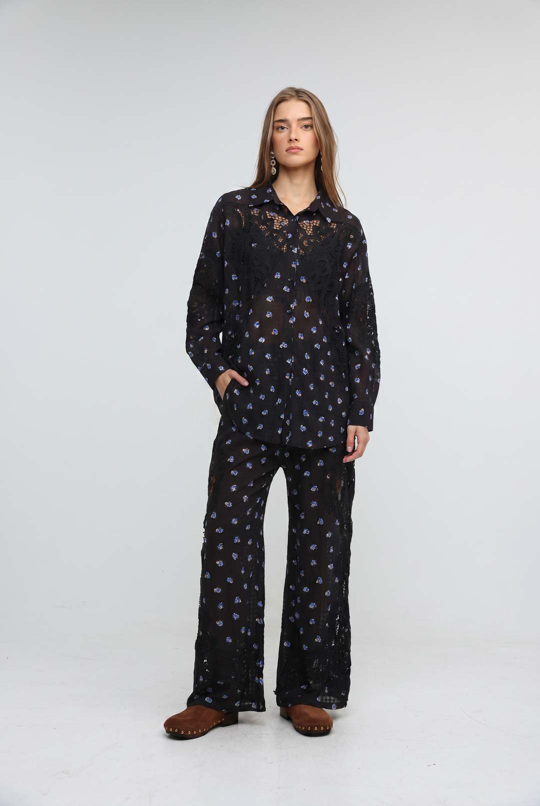 Black Floral Lace Panel Shirt