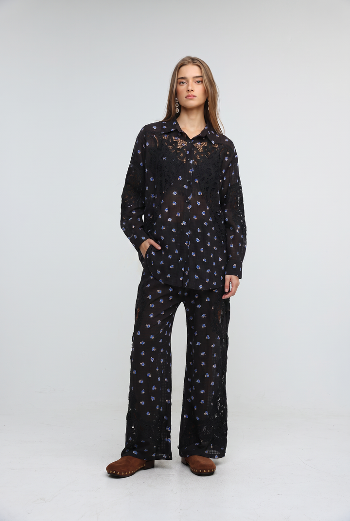 Black Floral Lace Panel Shirt