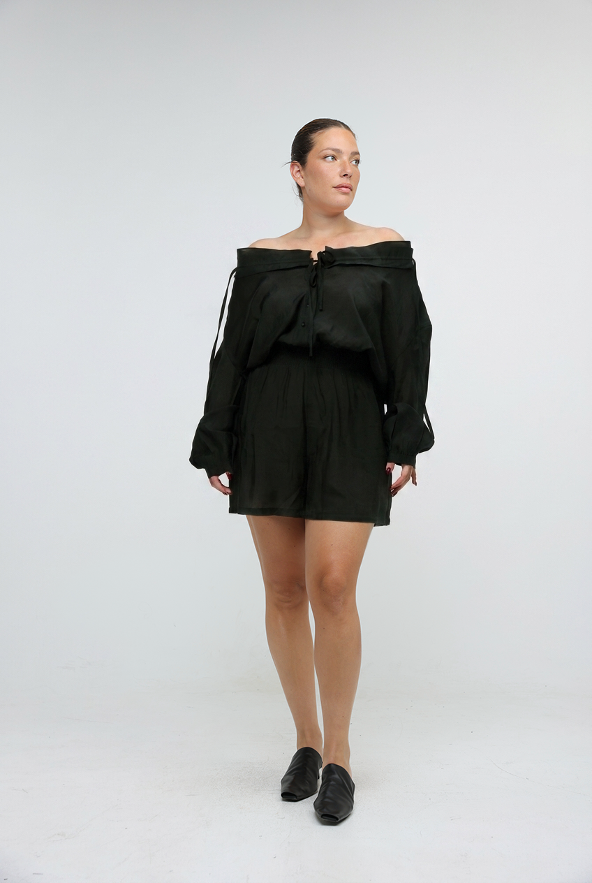 Black Off-Shoulder Buttoned Jumpsuit