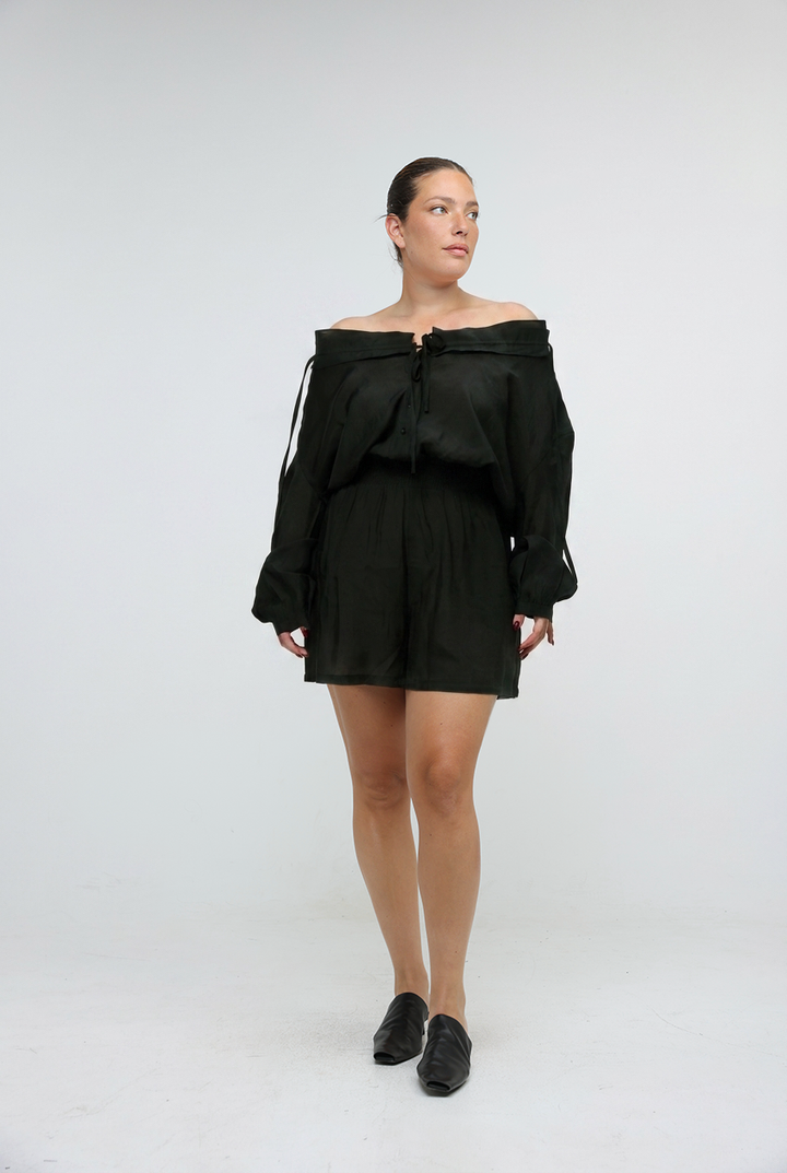Black Off-Shoulder Buttoned Jumpsuit