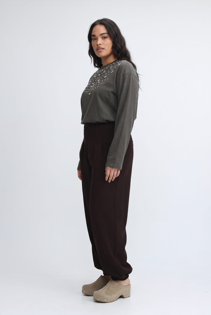 Coco grey shirt dark olive green long-sleeved top with a sparkling embellished neckline shown from the front