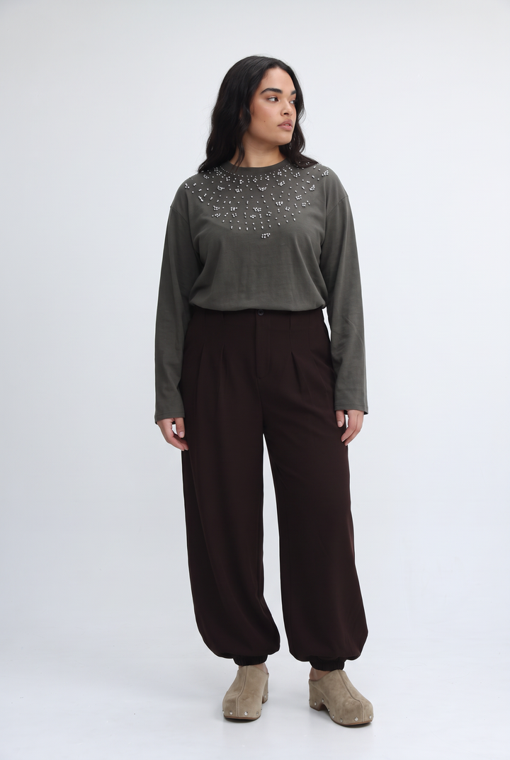 Coco grey shirt dark olive green long-sleeved top with silver embellishments across the chest front view