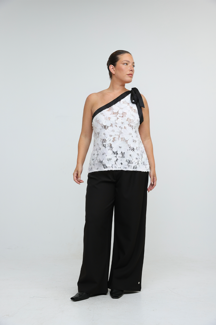 Floral Lace White One Shoulder Top